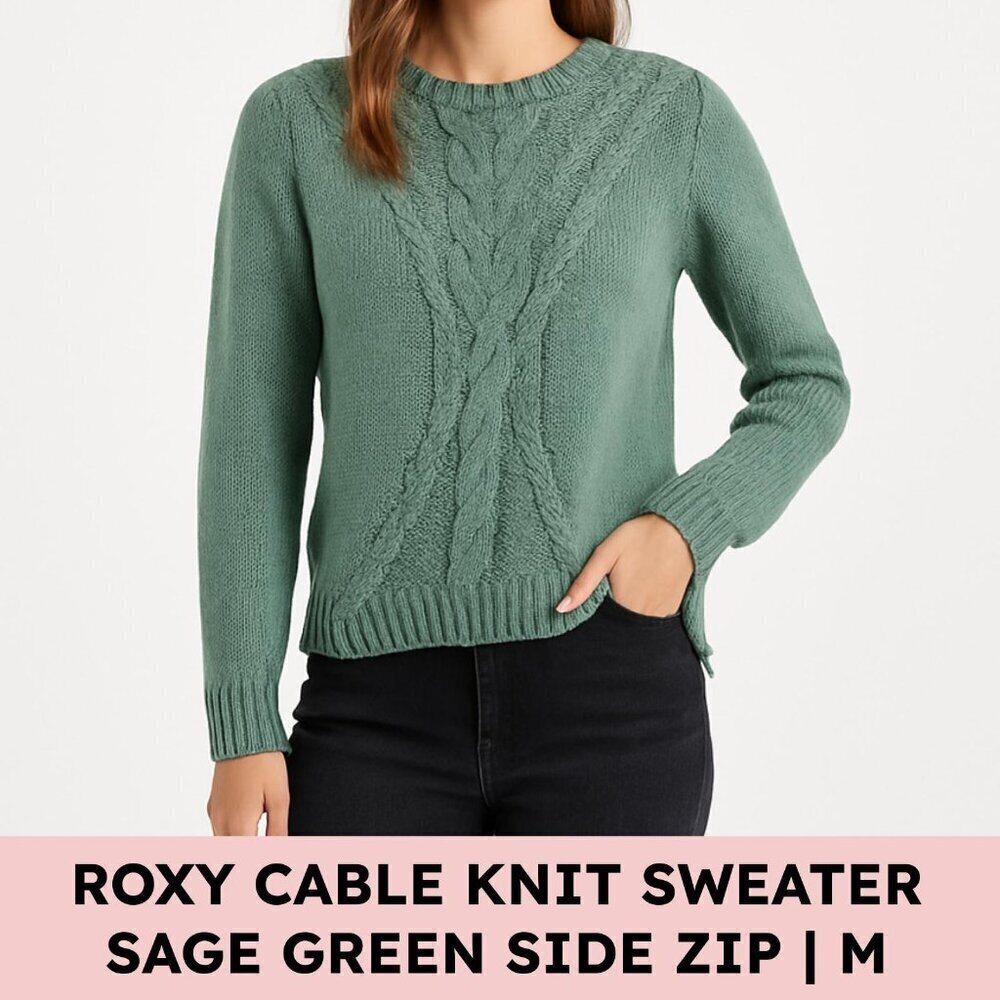Roxy Cable Knit Sweater Cotton Wool Blend Sage Green Cozy Coastal Grandmacore M - Picture 13 of 13